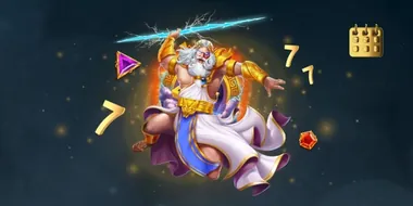 Zeus mit Blitz zwischen Siebenen für die Freitags-Freispiele